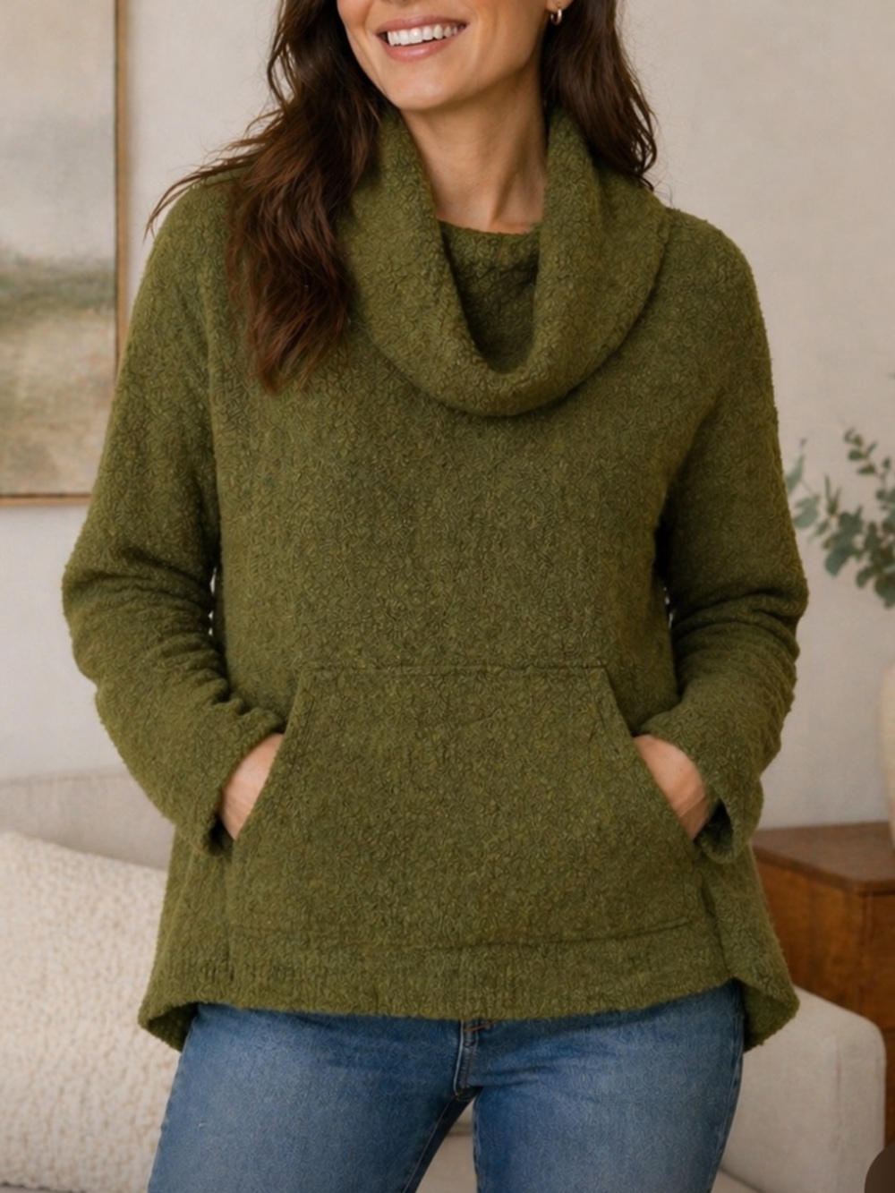 Anthropologie Angel Of The North Olive Green Cowl Neck Wool Pullover Sweater